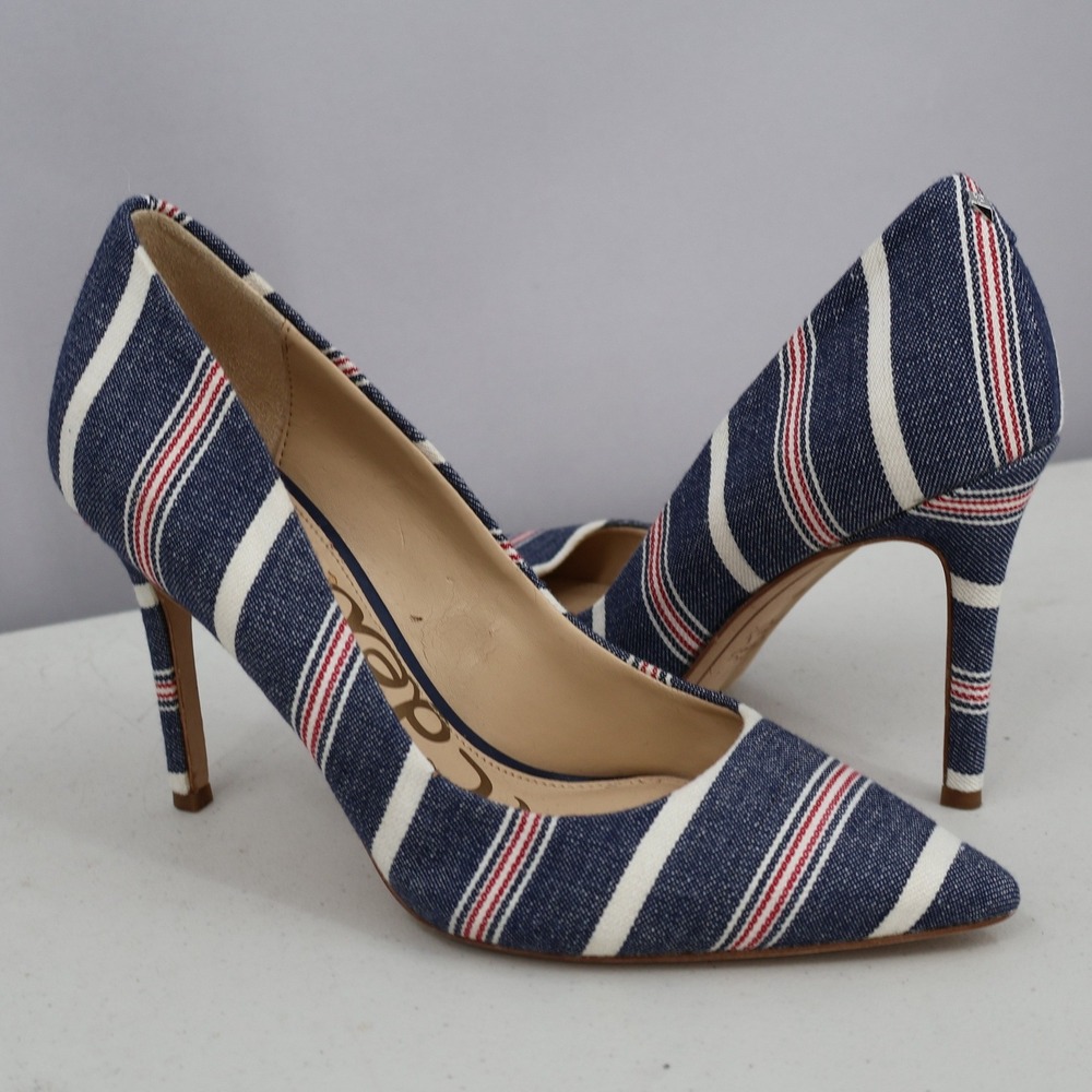 Sam Edelman Hazel Pump Womens 6 Blue Striped Denim Stiletto Coastal Americana